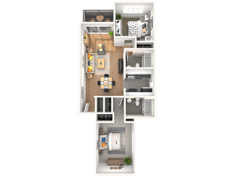 A floor plan of a house with a kitchen, living room, dining room, and two bedrooms.